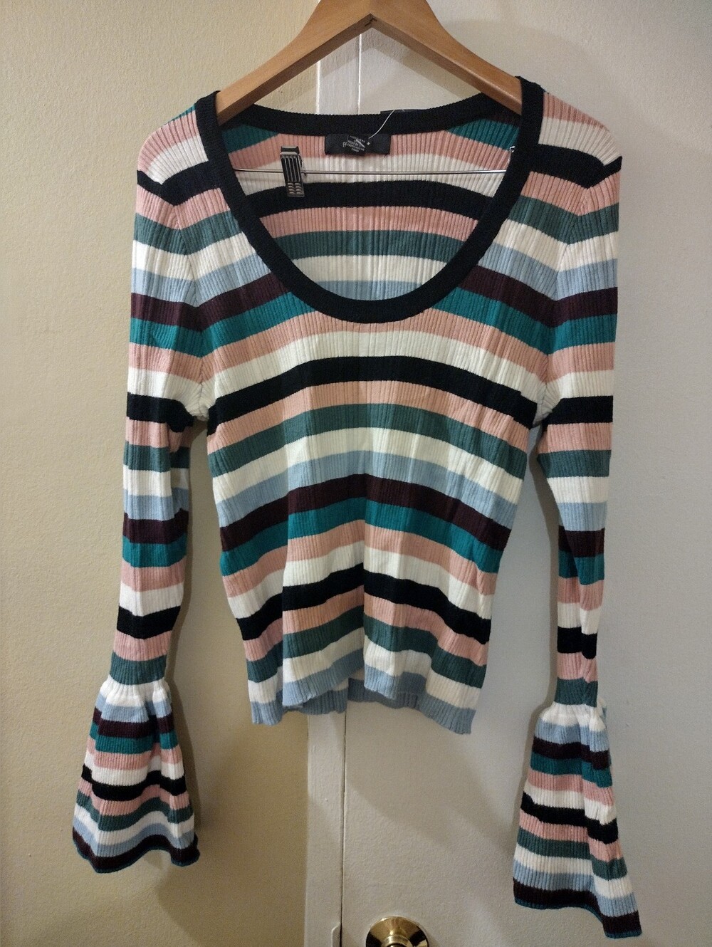 Forever 21 Striped Bell-Sleeve Scoop Neck Top in Black, Cream, Pink, Teal